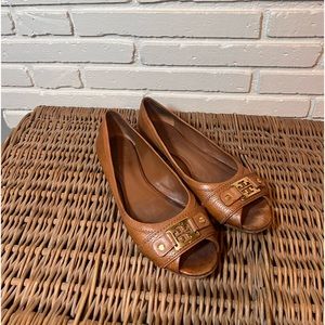 Tori Burch Brown Cline Leather Peep Toe Logo Ballet Flats size 8.5